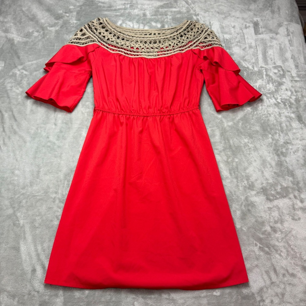 DejaVu‎ Red Crochet Neck Ruffle Bell Sleeve Mini Dress Womens Medium
